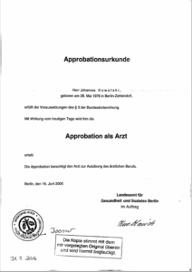 Approbation als Arzt von Dr. Johannes Kowalski - 16.06.2005