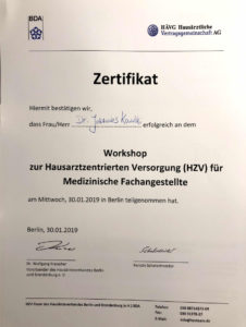 Zertifikat von Dr. Johannes Kowalski zum Workshop zur Hausarztzentrierten Versorgung für Medizinische Fachangestellte - 30.01.2019