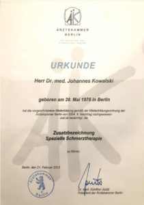 Zertifikat von Dr. Johannes Kowalski Zusatzbezeichnung Spezielle Schmerztherapie - 21.02.2013