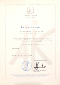 Zertifikat von Dr. Günther Kowalski: Facharzt für Allgemeinmedizin - 23.01.1996