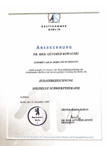 Zertifikat von Dr. Günther Kowalski Zusatzbezeichnung Spezielle Schmerztherapie - 18.11.1999