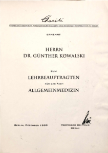 Zertifikat von Dr. Günther Kowalski zum Lehrbeauftragten für das Fach Allgemeinmedizin - 12.1999
