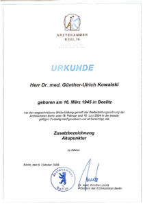Zertifikat von Dr. Günther Kowalski zur Zusatzbezeichnung Akupunktur - 09.10.2006