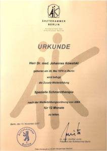 Zertifikat von Dr. Johannes Kowalski zur Leitung der Schmerztherapie - 13.11.2017